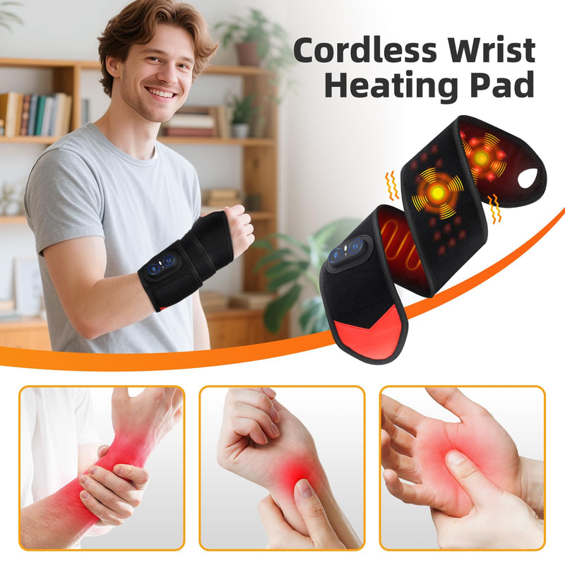 Cordless Wrist Hand Heating Pad Massage for Pain Relief, Rechargeable Heated Wrist Brace for Carpal Tunnel, Red Light Therapy Heated Wrist Massager Wrap for Arthritis, Black