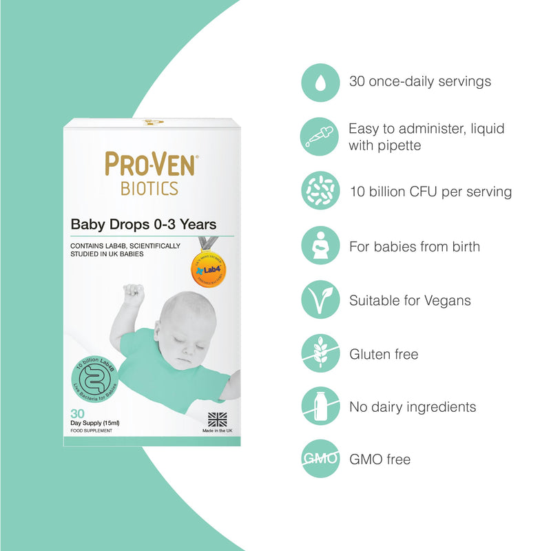 Proven Biotics Baby Drops 0–3 Years 15ml | Flavourless Liquid Daily Baby Supplement | 10 Billion Research-Backed Lab4B Live Bacteria | 30 Days