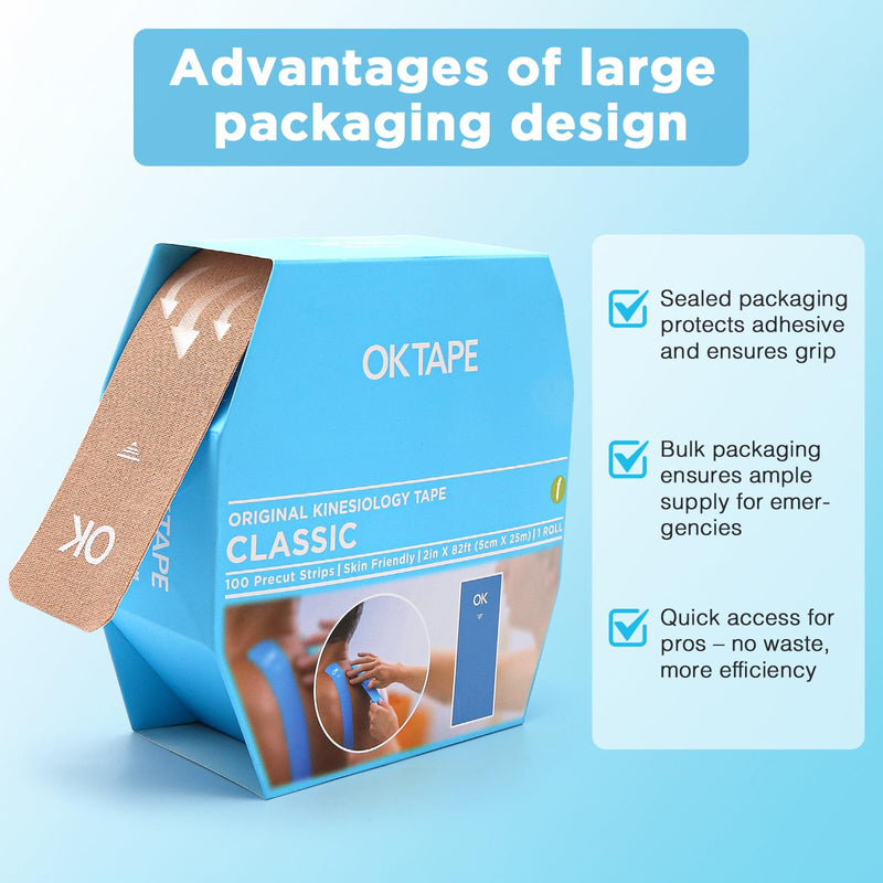 [Australia] - OK TAPE Kinesiology Tape Pre Cut Strips Bulk (100 PCS),Elastic Cotton Latex Free Hypoallergenic Athletic Tape Roll for Muscle Joint Knee,Waterproof k Tape 2in√ó10in/PCS Beige 100 PCS 