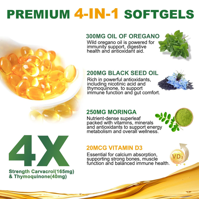 [Australia] - Oil of Oregano Capsules, 4-in-1 Organic Oil of Oregano with Black Seed Oil, Moringa & Vitamin D3 Softgels for Immune Support, Carvacrol & Thymoquinone, Non-GMO, 300 Softgels- 150 Days Supply 
