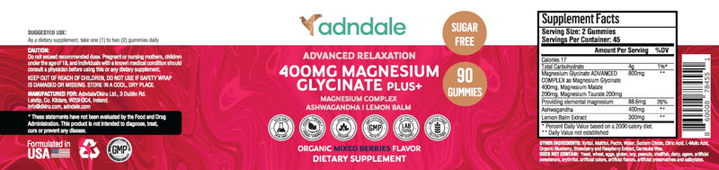 [Australia] - Adndale 90 CT Magnesium Glycinate Gummies 400 mg/Serv with Ashwagandha, Magnesium Malate & Taurate, Sugar Free Chews for Adults & Kids. Mixed Berry 90 Count (Pack of 1) 