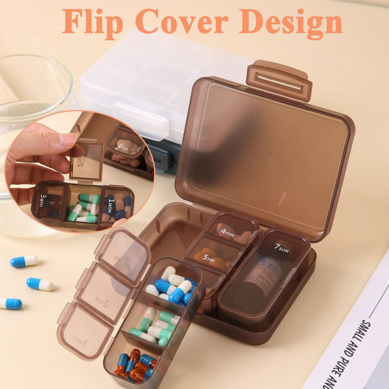 Weekly Pill Box Organiser for Pocket Daily Medication Storage Case | Brown Pill Case with 7 Compartments, BPA-Free Double Seal Waterproof, Storage for Vitamins, Fish Oil, Dietary Supplements