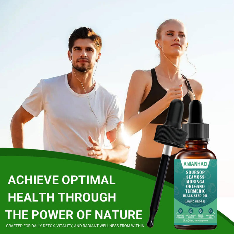 10-in-1 Soursop Bitters Liquid Drops, with Sea Moss, Moringa, Turmeric, Black Seed Oil, Oregano, Ashwagandha | Herbal Extracts for Overall Health-Enhancing | Vegan, Non-GMO | 60ml