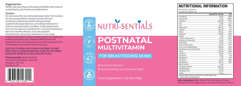 Postnatal Vitamins Gummies- Multivitamin Breastfeeding Supplement for Mums- New Mum Vitamins for Energy, Immunity & Breastfeeding Support- Organic Lactation Supplement- 60 Gummies
