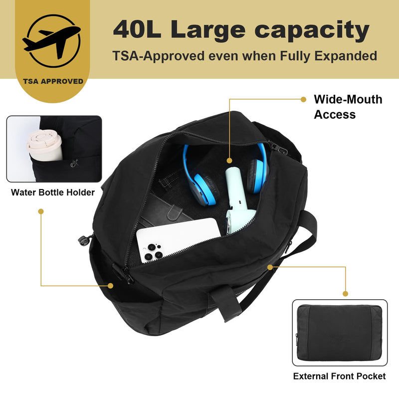 Foldable & Expandable Personal Item Travel Bag,black | Waterproof ,Wet-Dry Compartment ,Luggage Sleeve,Detachable Crossbody Strap,Carry on Bag,Weekender Bag for Women,Gym,Overnight Black