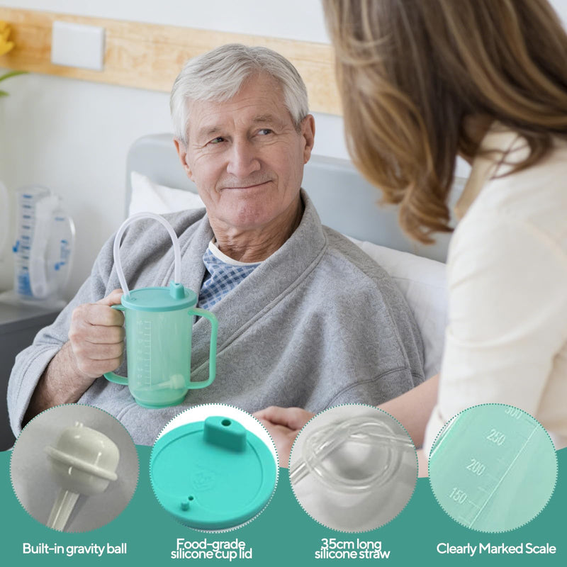 Beakers for Elderly,350ml Adult Sippy Cups for The Elderly Non Spill with Straw,Brush and Lid,Double Handles Spill-Proof Sippy Cups for Bedridden Elderly,Pregnant Women and Patient,Preventing Choking