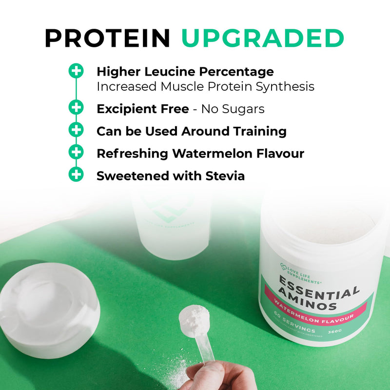 Essential Amino Acids Powder, Full Spectrum EAA & BCAA Drink for Muscle Recovery, Watermelon Flavour, 60 Servings, High Strength Intra Workout Supplement, UK Made - Love Life Supplements Watermelon Powder