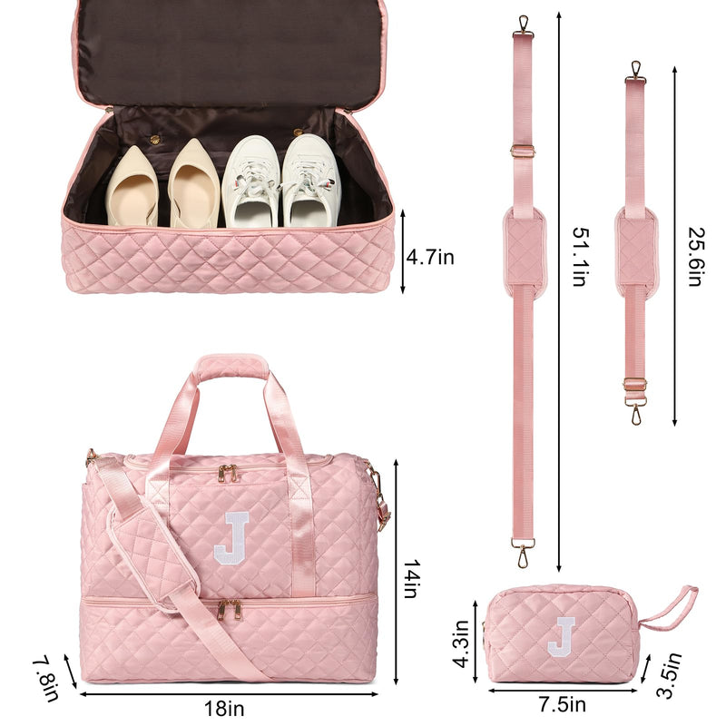 Personalized Initial Travel Bag, Quilted Duffle Bag, Weekender Bag for Women with Cosmetic Bag, Gym Bag with Shoe Compartment, Carry on Overnight Bag, Hospital Bag for Labor Delivery (Pink, J) Pink