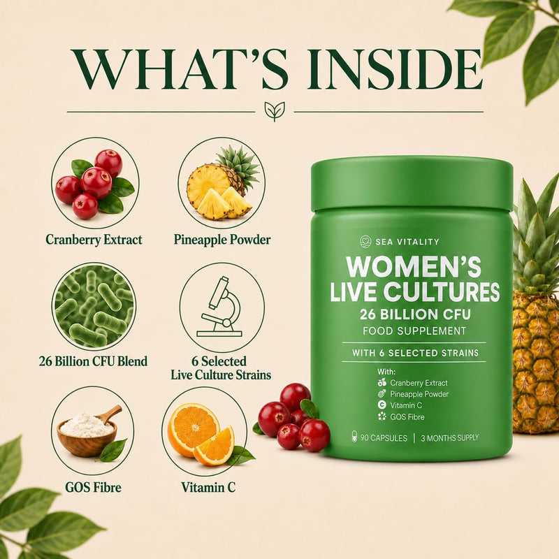 Women's Live Cultures Food Supplement - 26 Billion CFU, 6 Selected Strains with Cranberry Extract, Pineapple Powder, GOS & Vitamin C - 90 Capsules, 1-a-Day Formula for Women, 90 Day Supply 90 count (Pack of 1)