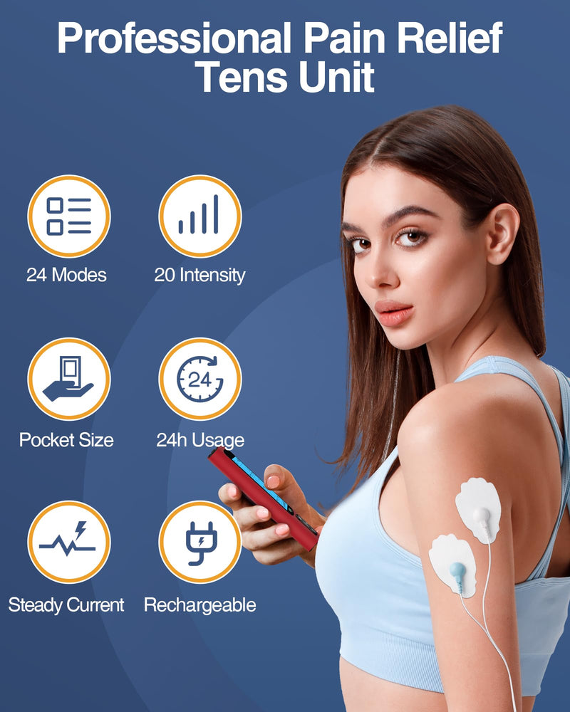 NURSAL 24 Modes TENS Unit Muscle Stimulator, Rechargeable Electronic Pulse Massager with 8 Pads for Back and Shoulder Pain Relief and Muscle Strength (Red) B-red
