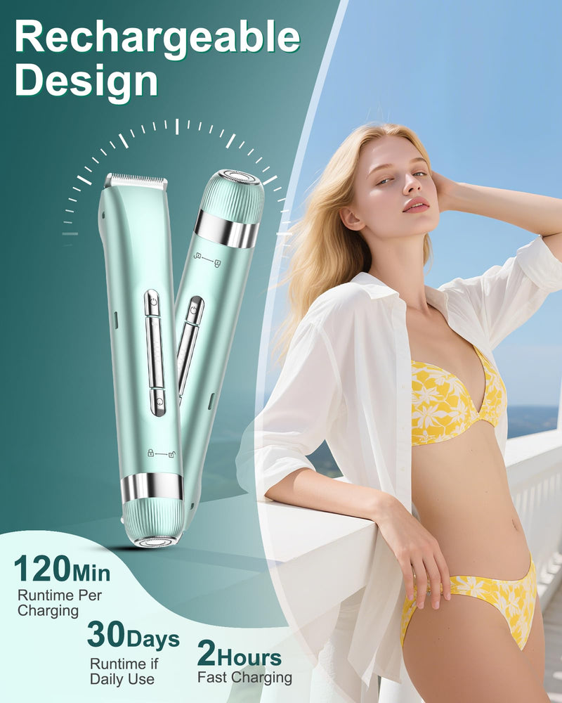 [Australia] - Electri Razors for Women, 2 in 1 Bikini Trimmer for Women Painless Bikini Shaver for Bikini, Underarm, Legs, Arms Waterproof, USB Rechargeable Facial Hair Trimmer Green 