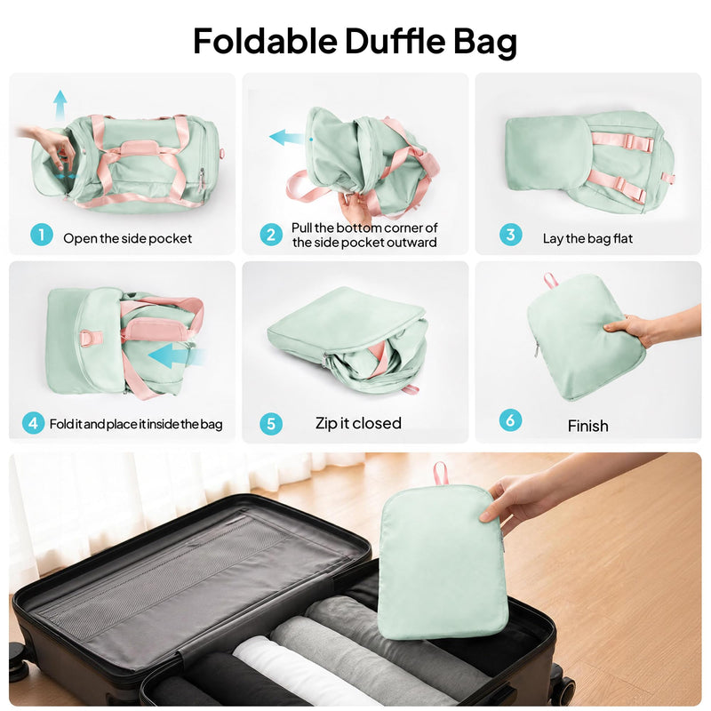 TOPEAST Foldable Duffle Bag for Travel, Large Travel Duffel Bags for Women | 4 in 1 Travel Backpack, Carry on Weekender Bags for Women Travel, 40L Capacity, Multi-Pocket, Water-resistant, Green