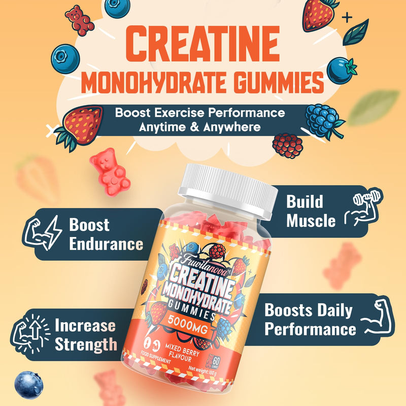 Creatine Monohydrate Gummies - 5000mg per Serving, Fruit Flavor Soft Chews with Taurine & Black Pepper for Muscle & Strength, 60 Count (60 Count (Pack of 1)) 60 count (Pack of 1)