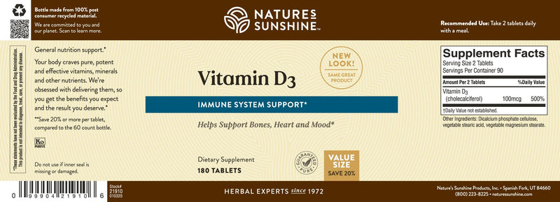 Nature's Sunshine Vitamin D3, 180 Tablets | Supports Bone Health, Contributes to Overall Health, and May Improve Mood 180 Count (Pack of 1)