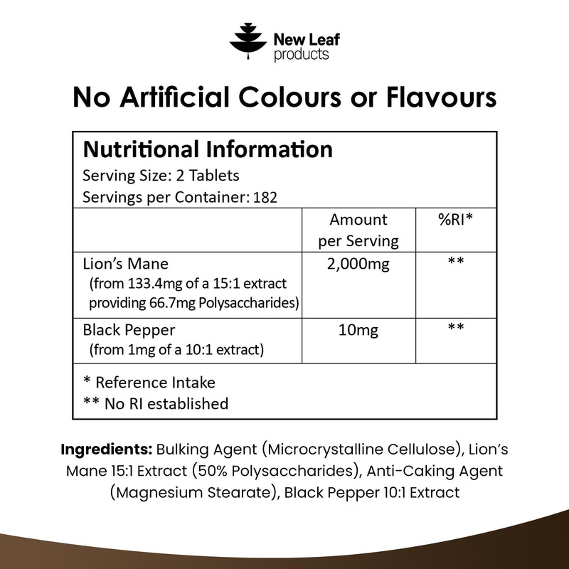 Lions Mane Mushroom 2000mg - 365 High Strength Vegan Tablets - Lion's Mane Supplement with Black Pepper - Lion's Mane Mushrooms Extract (Not Powder or Capsules) Made in The UK by New Leaf Products 365 count (Pack of 1)