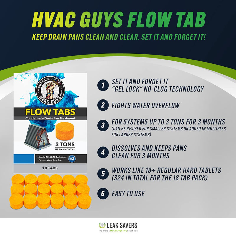 [Australia] - HVAC Guys Flow Tabs with Gel Lock Technology - 18 Pack - Keeps Drain Pans Clean, Prevents Overflow, 3 Ton Tab Lasts up to 3 Months - 1 Tab is equal to 18 Regular Tablets (324 total) - Made in the USA 18-Pack 