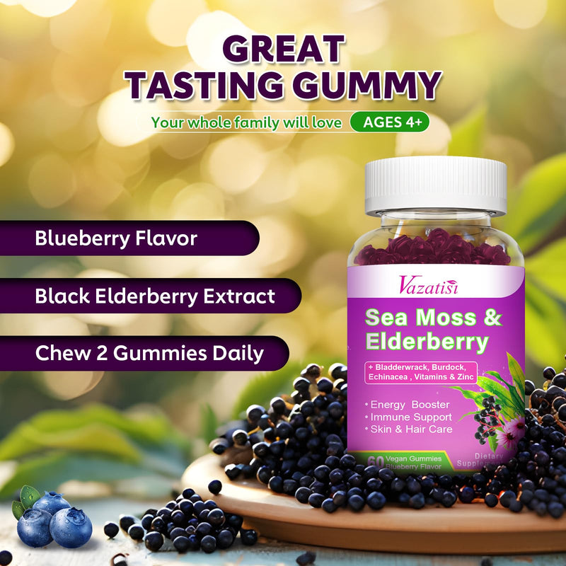 2 Pack Elderberry Gummies with Sea Moss, Extra Strength Elderberry with Vitamin C, Zinc for Immune Support for Adults, Kids, Women & Men, Blueberry Flavor 120Cts 60 Count (Pack of 2)