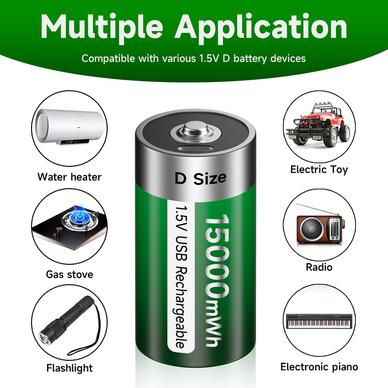 [Australia] - USB D Rechargeable Batteries Lithium 1.5V Constant Output 15000mWh Li-ion D Cell with Type-C Charging Cable,4 Pack 