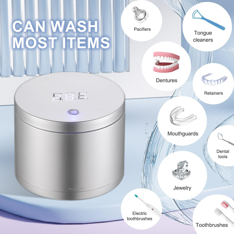 [Australia] - Ultrasonic Cleaner for Mouthguards, Retainers, Dentures Jewelry with UV Sanitizing, 45kHz 3-Cleaning-Mode Silver 