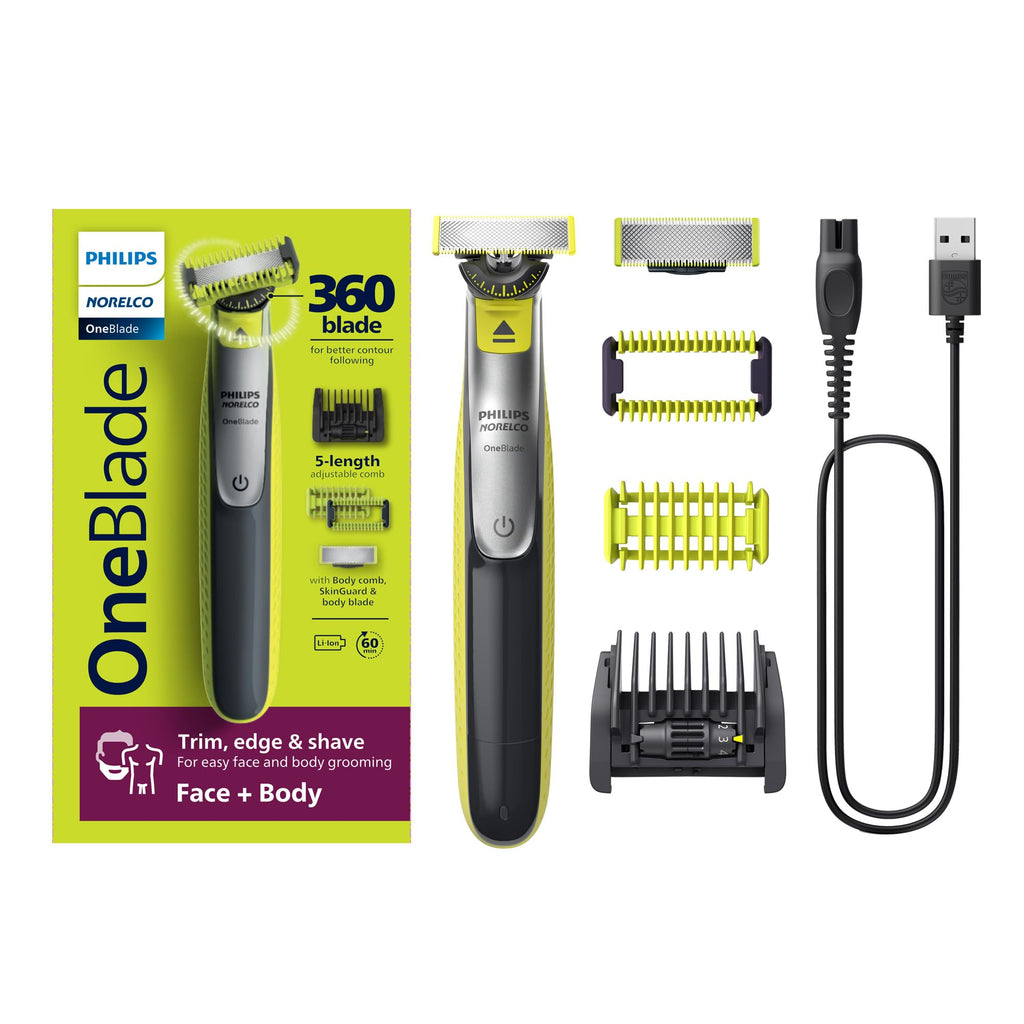 Philips Norelco OneBlade 360 Face + Body, Hybrid Electric Razor and Beard Trimmer for Men with 5-in-1 Face Stubble Comb and Body Hair Trimmer Kit, QP2834/70 Black/Silver/Lime Green, New