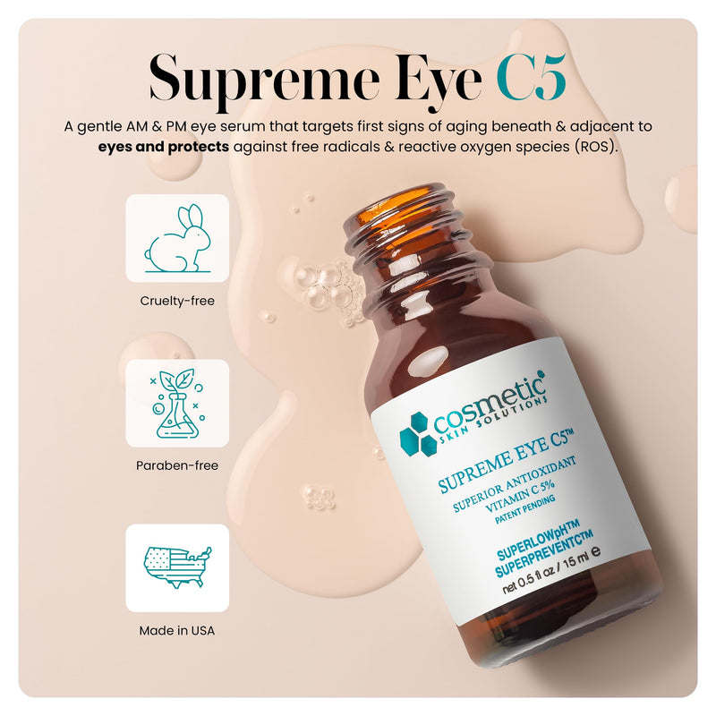 Supreme C5 Vitamin C Eye Gel, Lightweight Under Eye Gel-Cream with 5% Vitamin C, Hyaluronic Acid & Asiatic Acid, Helps Reduce Dark Circles, Puffiness, Under Eye Bags & Fine Lines, 0.5 fl oz