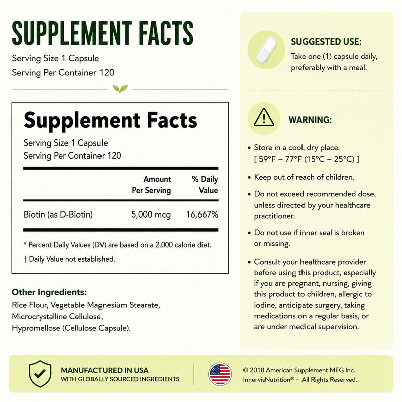 High Potency Biotin 5000mcg – Supports Hair, Skin & Nail Health, 120 Veggie Capsules