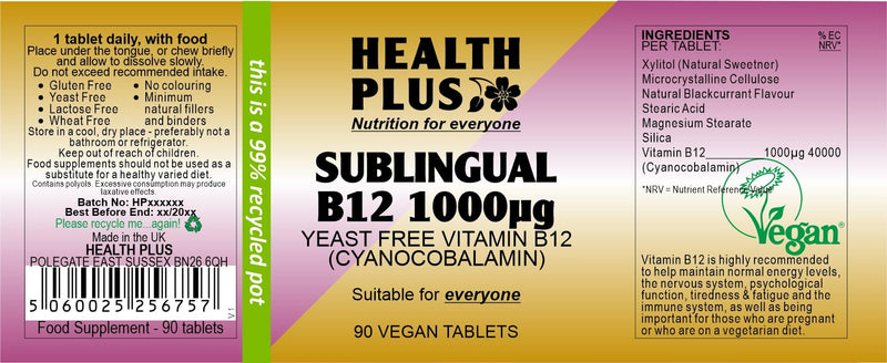Health Plus Sublingual Vitamin B12 1000µg (Cyanocobalamin) : Vitamin B12 Supplement : 90 Tablets, in a Planet-Friendly 99% Recycled Pot