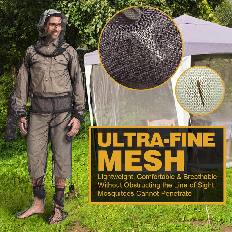 HOMEYA Bug Jacket L/XL, Anti Mosquito Netting Suit with Zipper on Hood Ultra-fine Mesh Pants Mitt Socks with Free Carry Pouch for Protecting Hunting Fishing Men Women Large/X-Large