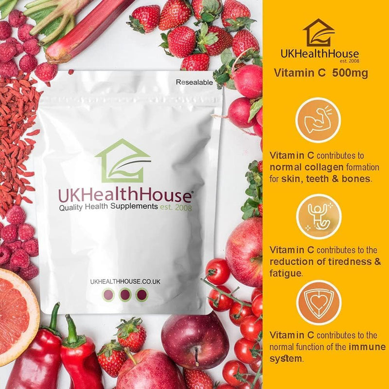 UKHealthHouse Vitamin C 500mg Chewable Vegan 360 Tablets Immune Support Orange Flavour High Strength Antioxidant Reduction of Tiredness & Fatigue