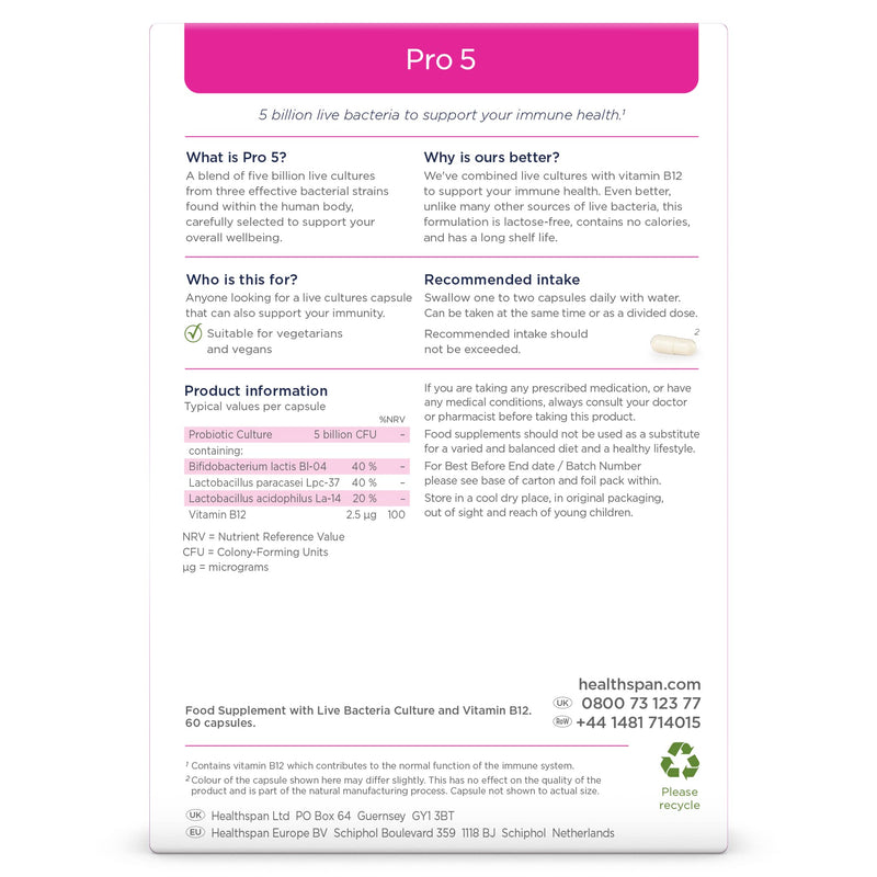 Healthspan Probiotic 5 | Multi-Strain probiotic with 5 Billion Live Cultures from 3 Bacteria strains | Vitamin B12 to Support Your Immune Health | Vegan & Lactose Free Capsules (60 Capsules)