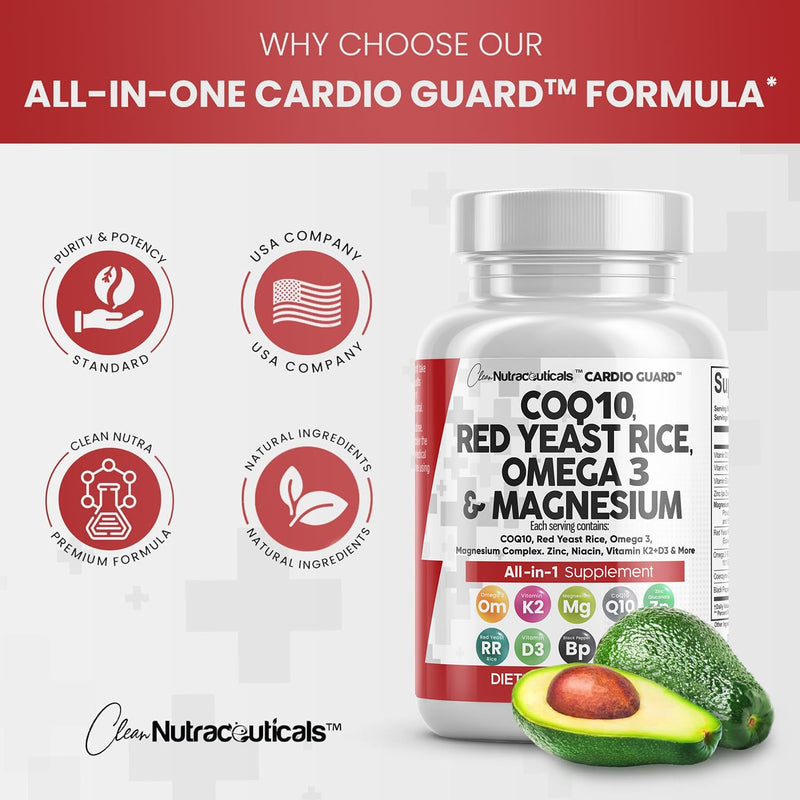[Australia] - COQ10 200mg Red Yeast Rice 3000mg Omega 3 3000mg Magnesium Complex 500mg Niacin Zinc Vitamin K2 D3 - Heart Health Support Vitamins for Women and Men with Vitamin B3, Coenzyme Q10-60 Ct 