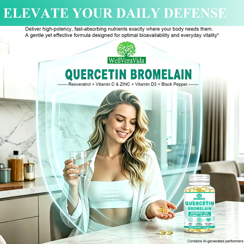 Quercetin with Bromelain, Extra Strength Quercetin 1000mg & Bromelain 500mg | with Zinc Vitamin C & D3, Healthy Immune System & Seasonal Allergy Health for Women Men, Liposomal Quercetin Phytosome, 120Ct