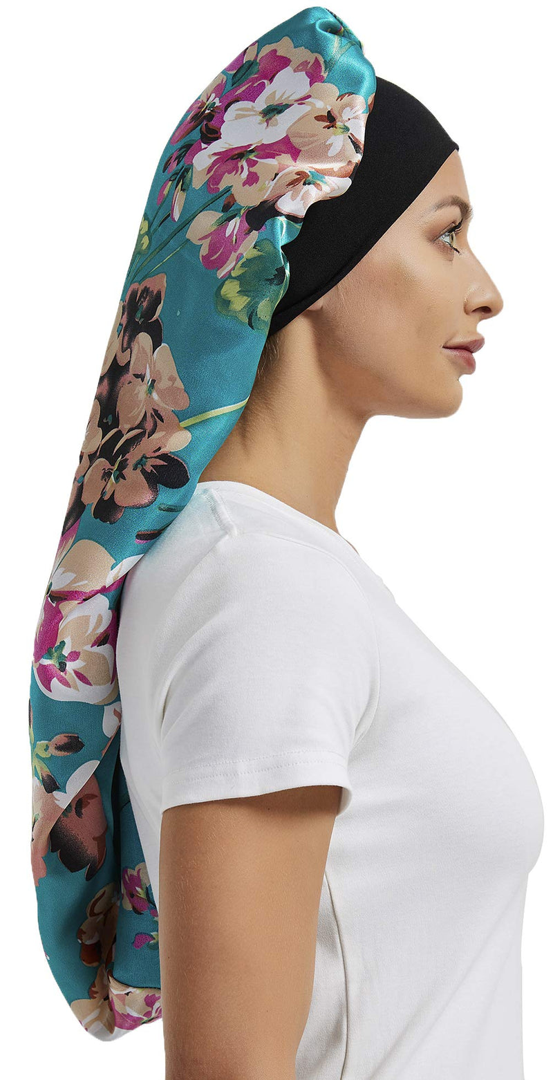 [Australia] - 2 Pcs Silk Bonnet for Women Satin, Soft Elastic Band Silky Sleeping Cap Big Bonnets for Braids One Size Black and Light Blue 