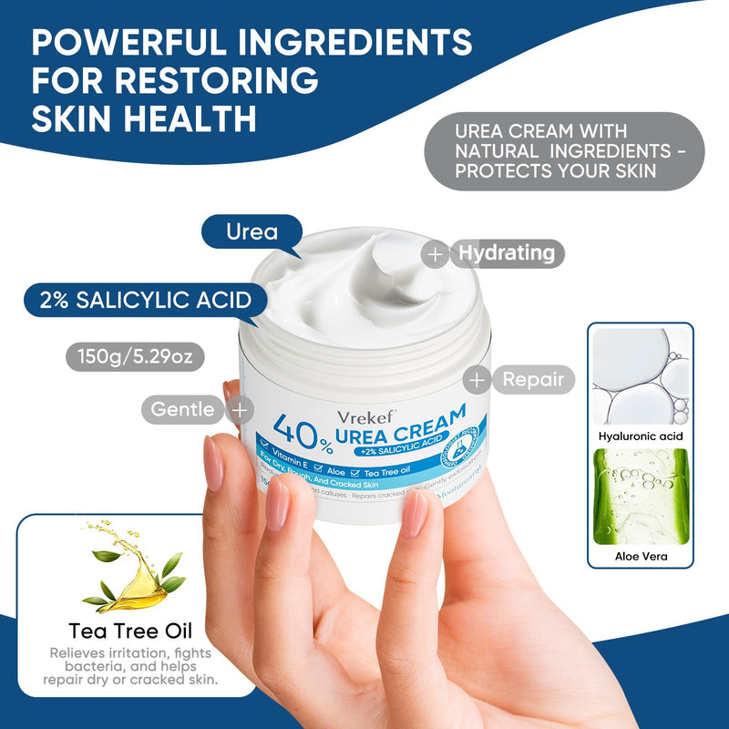 Urea Cream 40 Percent with 2% Salicylic Acid, Urea Cream 40 Percent for Feet Maximum Strength, Foot & Hand Cream for Dry Cracked Heels, Callus Softener for Rough Thick Skin, 5.29 oz (2 PCS) 2P