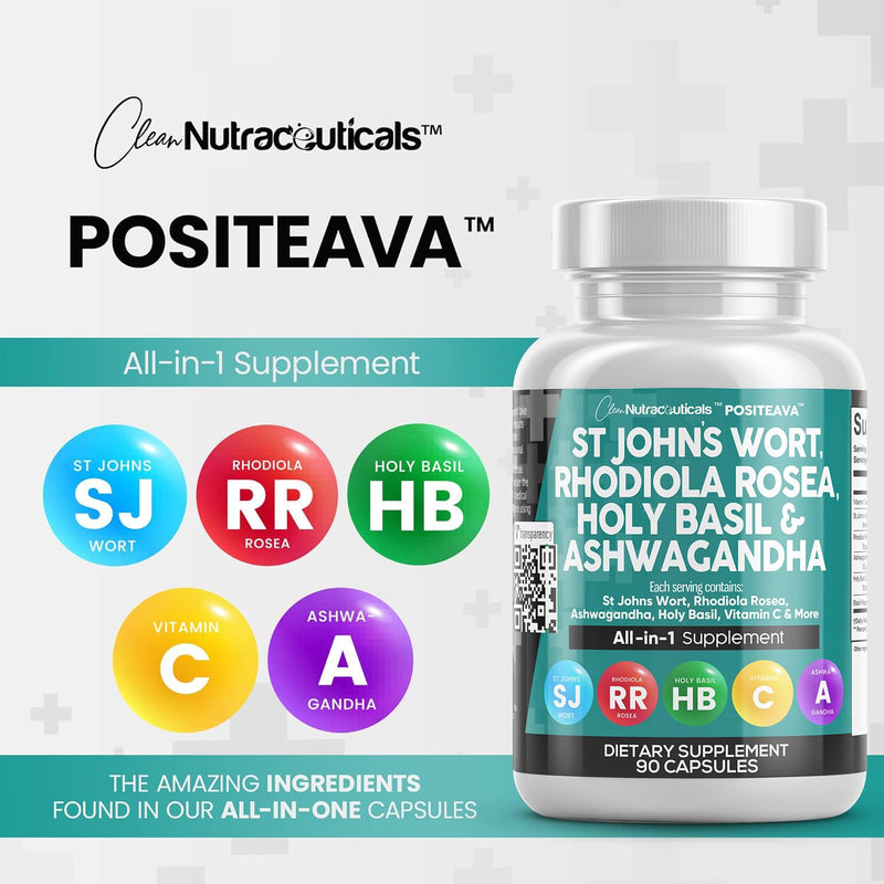 [Australia] - Clean Nutraceuticals St Johns Wort 10000mg Rhodiola Rosea 20000mg Holy Basil 3000mg Ashwagandha 6000mg - Mood Support for Women and Men with Vitamin C & Black Pepper Extract - 90 Caps 