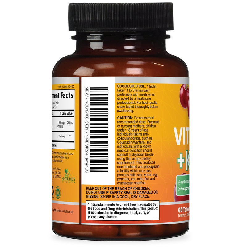 Vitamin D3 K2 Supplement - 2000 IU D3 Per Serving - Extra Strength MK-7 K with Vitamin D3 - For Immune Support, Heart, Teeth & Bone Health - Easy to Swallow D3K2 Chewable, Berry Flavor - 60 Tablets 60 Count (Pack of 1)