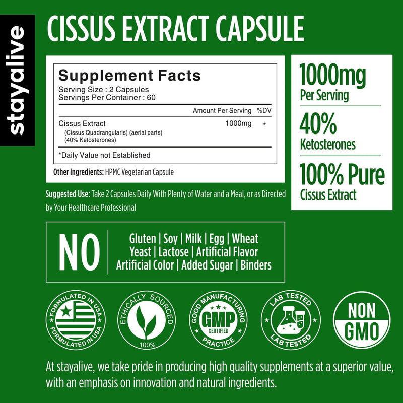 [Australia] - STAY ALIVE Cissus Quadrangularis Supplement 1000mg, 120 Pills, Pure Extract Powder with 40% Ketosterones, Non-GMO and Gluten-Free Cissus Extract Capsules for Men and Women 