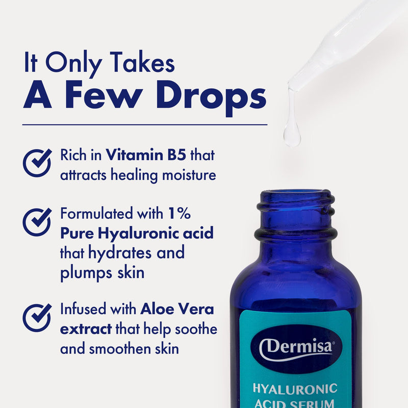 Dermisa Hyaluronic Acid Serum with 1% Pure HA, Beta-Glucan, Vitamin B5 & Vitamin E, Intense Hydrating Face Serum for Dry Skin, Fine Lines and Barrier Repair, 1.0oz