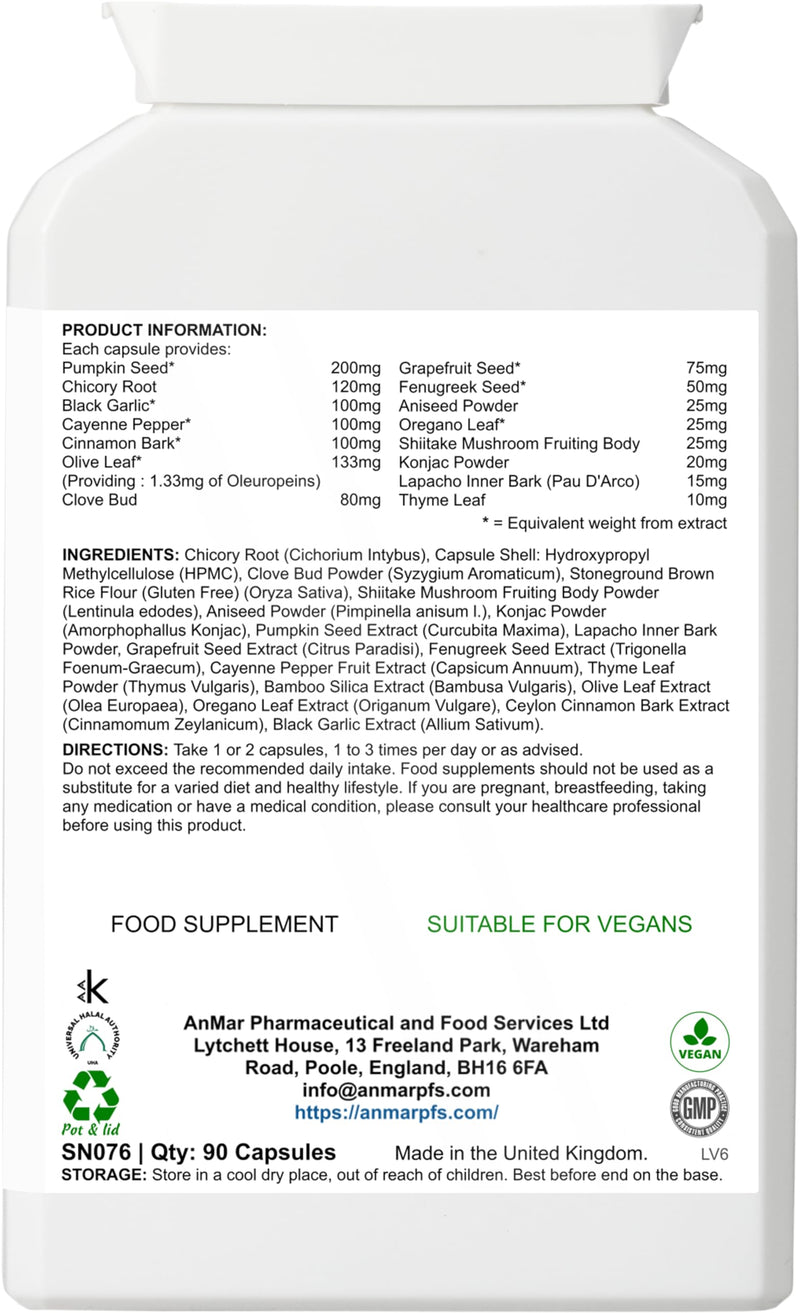 AnMar® TummyCalm Digestive Botanical Complex – Pumpkin Seed, Oregano Leaf, Grapefruit Seed & Olive Leaf Extract – Herbal Digestive Support Supplement – Vegan Capsules – 90 Capsules