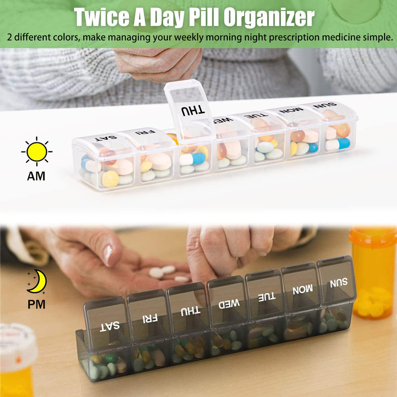 [Australia] - 2 Pack Weekly Pill Organizer, Large 7 Day Pill Case, Daily Vitamin Case Medicine Box, AM/PM Pill Containers for Medicine Supplements Fish Oil（White & Black） White & Black 