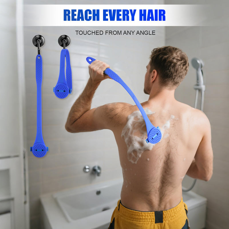 Back Shaver for Men,Back Hair Removal for Men with Long Bendable Ergonomic Silicone Handle,10 of The Wet or Dry Disposable Razor Blades,Bath Brush Included(Blue)