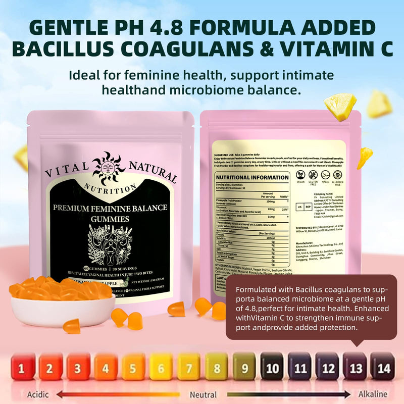Feminine Balance Gummies for Women - Gel Candy, Hawaiian Pineapple Flavour | 60 Vegan Gummies | Supports Vaginal Health, pH Balance & Immune Defence | Gluten-Free, Halal, Sugar-Free Daily Supplement