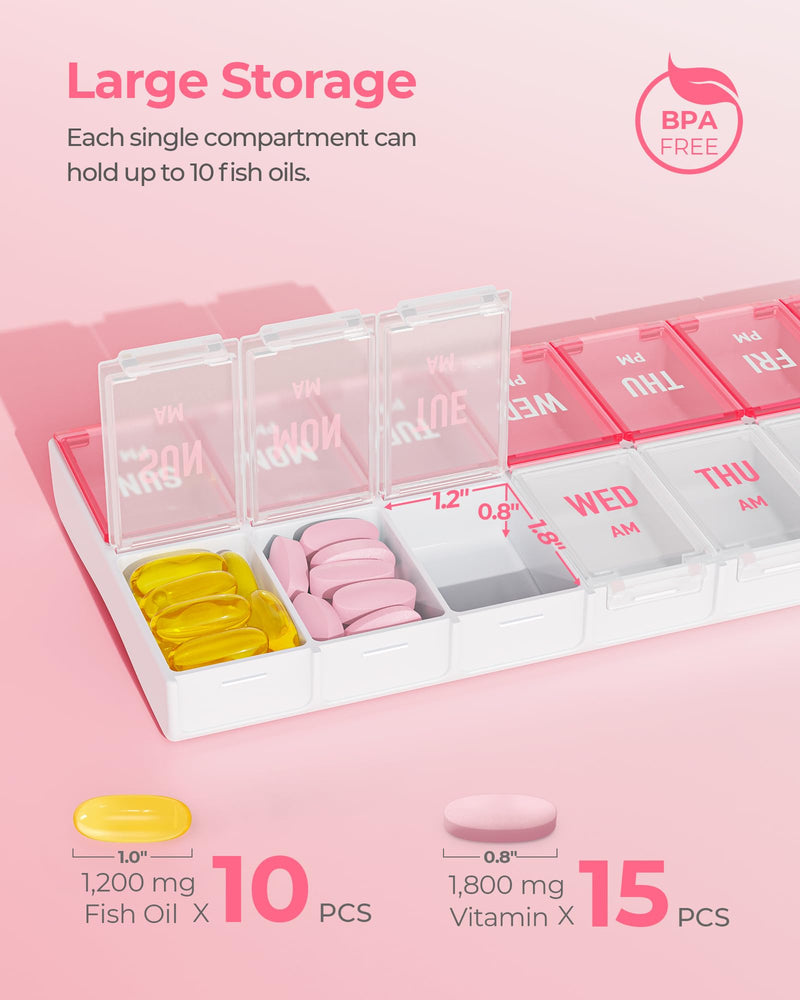 AMOOS Weekly Pill Organizer 2 Times a Day, Large Compartments, BPA-Free | AM PM Pill Box 7 Day in Pink & White, Pill Case Easy to Use, Pill Container for Vitamins, Fish Oils, Supplements, Medicines 01-pink