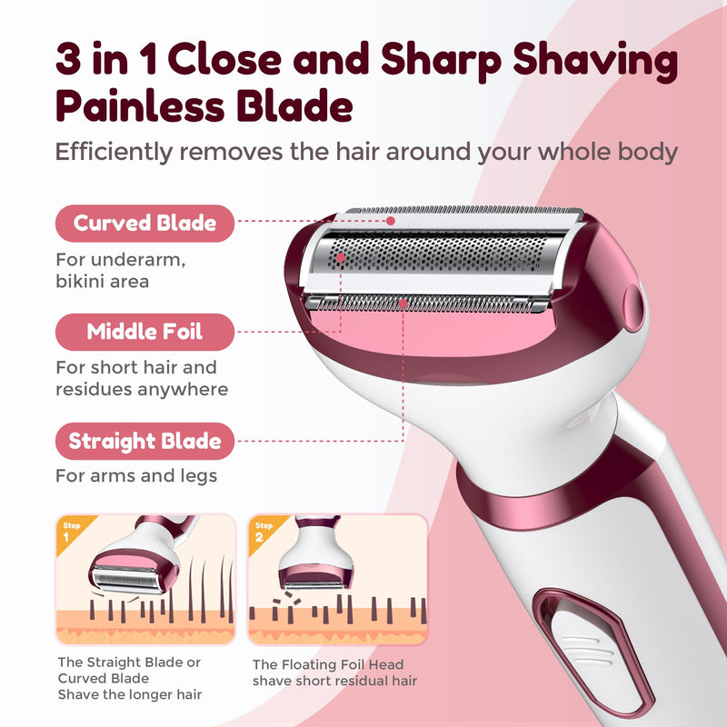 Electric Razors for Women, 4 in 1 Electric Women Shaver, Hair Removal Epilators for Leg Face Arm Bikini Armpit Pubic Hair, Cordless Rechargeable Portable Women's Bikini Trimmers, White