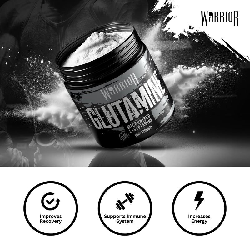 Warrior Glutamine 500g - Pure Micronised L-Glutamine Powder - Amino Acid - Muscle Growth & Recovery Supplement- Gut Health - Mix in Protein - Pre and Post Workout - 100 Servings (Unflavoured) 500g - 100 Servings