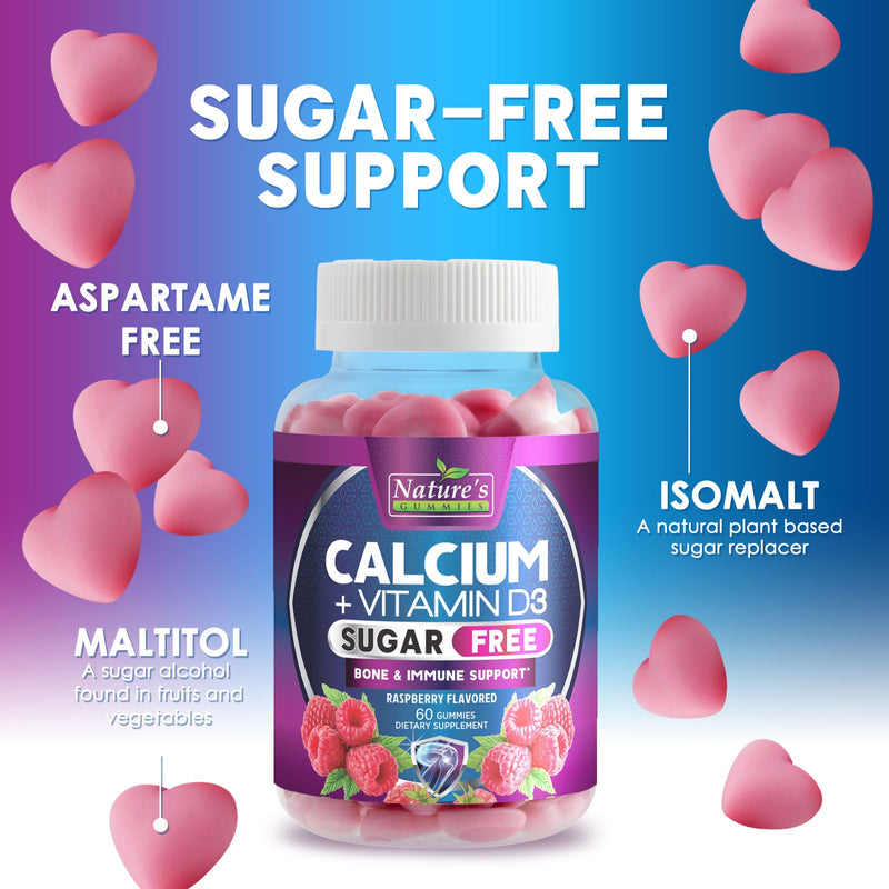 Calcium Supplement Gummies - Sugar Free Calcium Gummy with Vitamin D3 for Best Absorption - Supports Immune Health, Bones & Teeth - Nature's Calcium Chews for Women & Men - Berry Flavor - 60 Gummies 60 Count (Pack of 1)