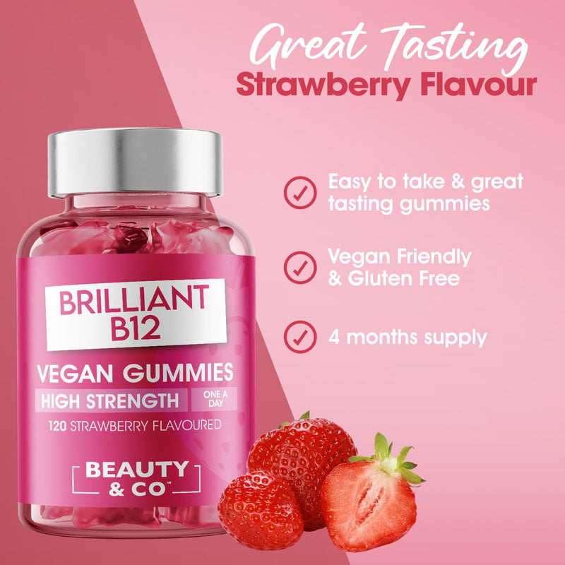 B12 Gummies - Beauty & Co Vegan High Strength Strawberry Flavour Vitamins 120 Gummies (Pack of 1)
