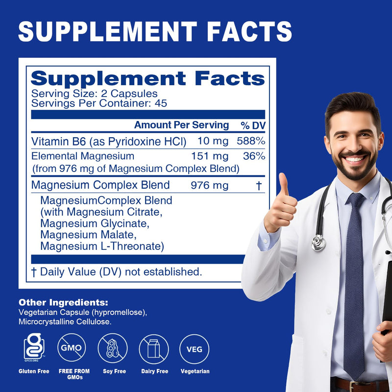 5 in 1 Magnesium Advanced Complex 976mg from Magnesium Glycinate, Citrate, Malate, L-Threonate & Vitamin B6, High Absorption Magnesium Complex for Women & Men, Non-GMO, 90 Vegan Capsules 90 Count (Pack of 1)