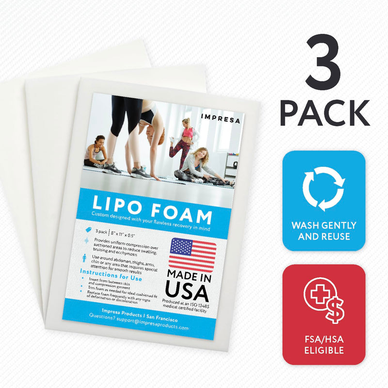 [Australia] - IMPRESA White Liposuction Foam Pads - 3 Pack - Aftercare for Liposuction, Tummy Tuck Surgery, and C-Sections - Great to Use with Post Surgery Compression Garments or Medical Corset (8 x 11 x 0.5 in) 