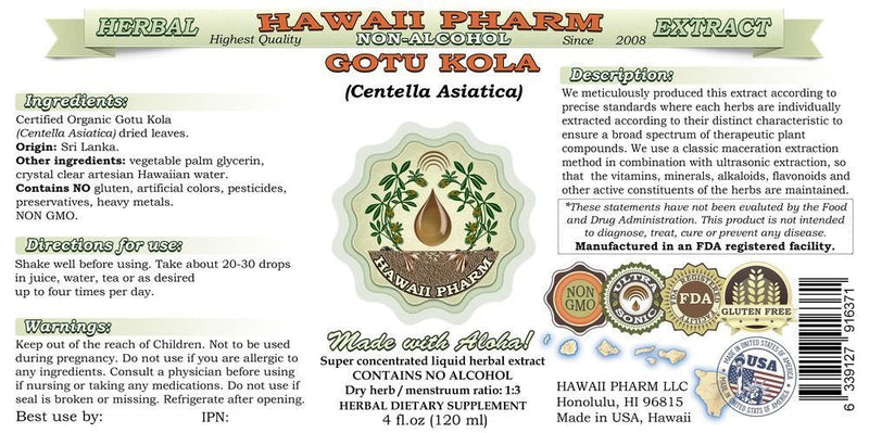 [Australia] - Hawaii Pharm Gotu Kola Alcohol-FREE Liquid Extract, Organic Gotu Kola (Centella Asiatica) Dried Leaf Glycerite Natural Herbal Supplement 2 oz 4 Fl Oz (Pack of 1) 